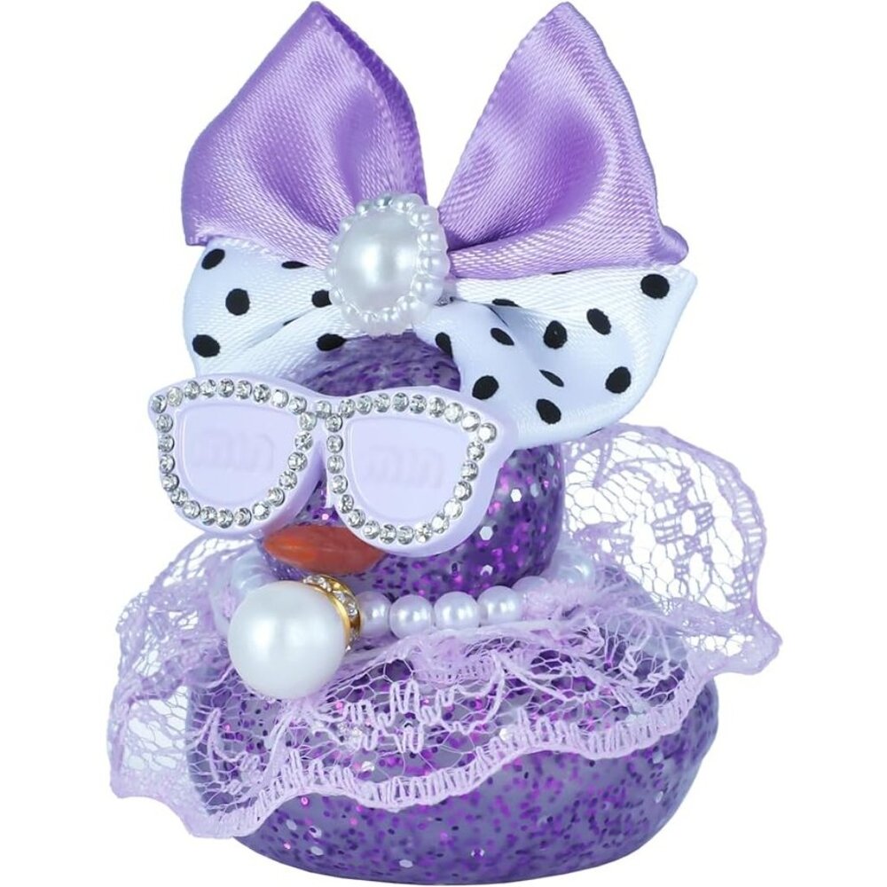 Rubber Duck Dashboard Ornament with Bow, Sunglasses, Necklace & Skirt - Purple